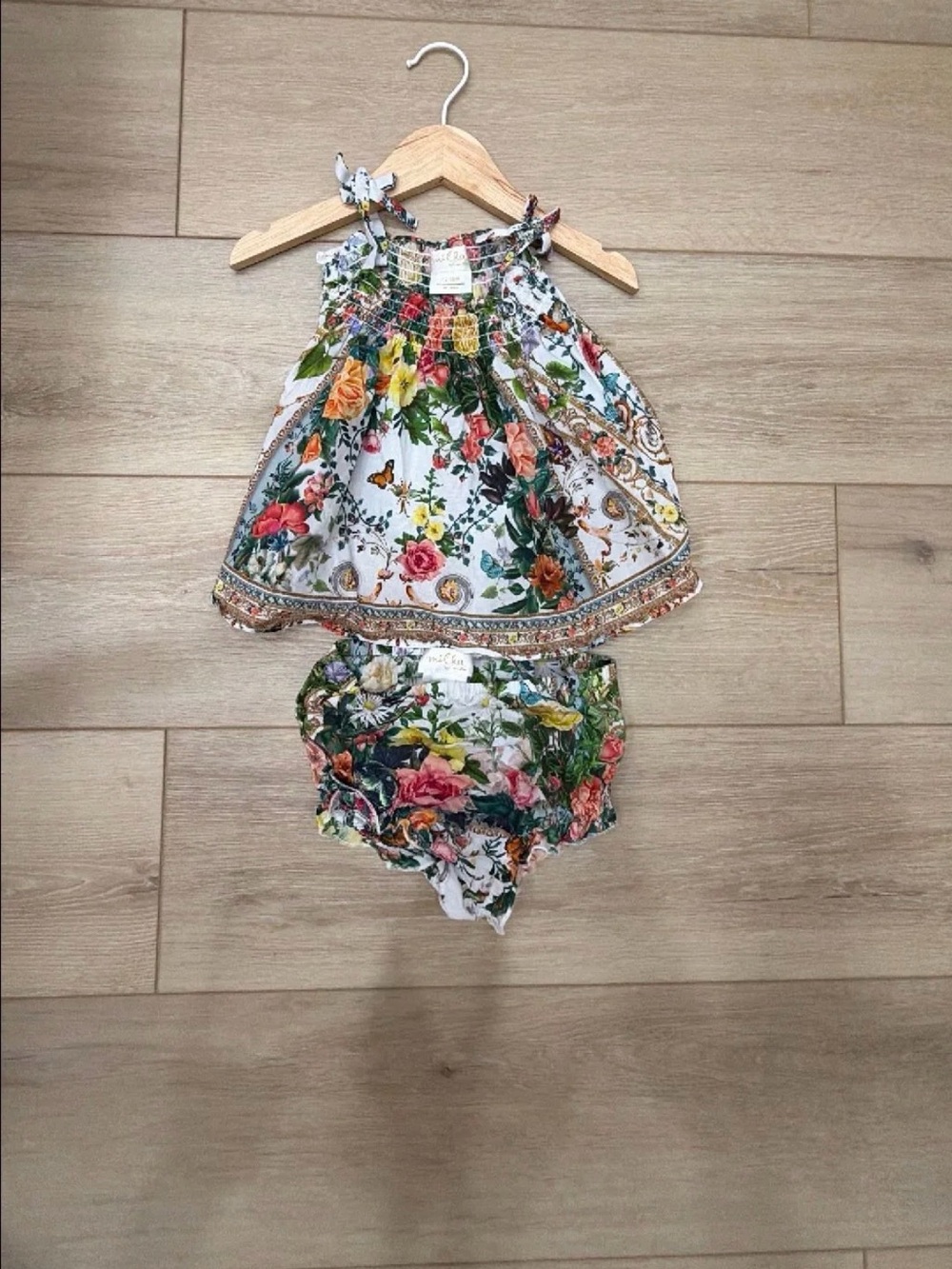 Camilla Floral Smocked Dress & Bloomers - White with Pink, Green, Yellow